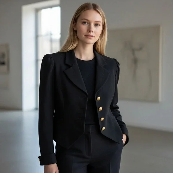 Doncaster Black Tailored Wool Jacket Gold Button Cropped Blazer Made in USA - Picture 1 of 10